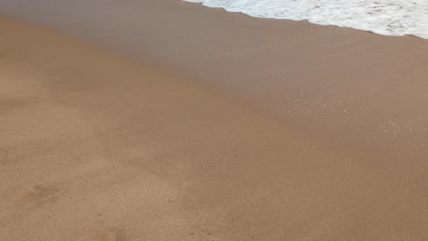 closeup of frothy whitewash waves rolling up onto sandy beach at tropical island destination