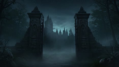 mysterious gates leading to a dark castle under a starry night sky, evoking haunting imagery and a sense of enigma in the surrounding fog-laden landscape