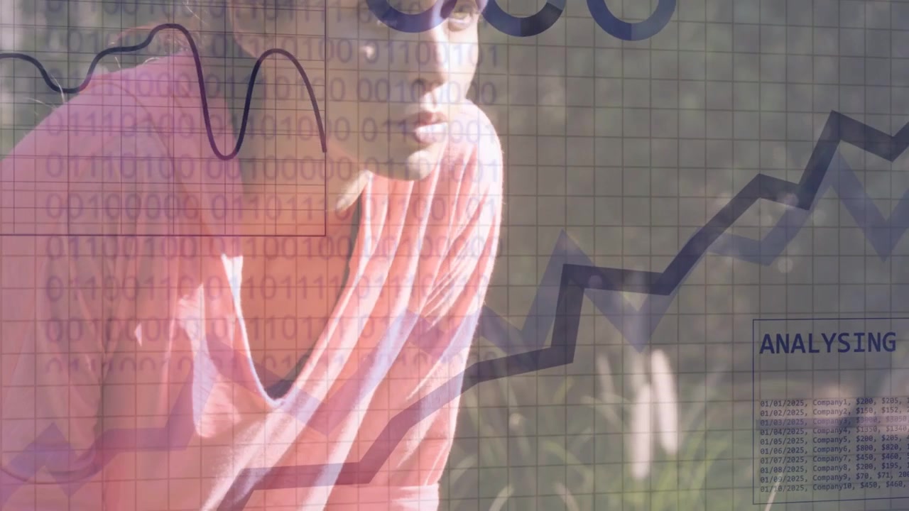 Woman pausing after run in park, HUD overlays collecting, analysing fitness data over torso