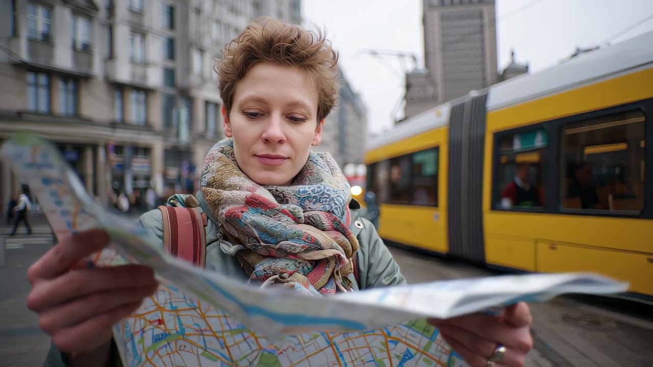 Riprese in primo piano di una giovane donna che tiene e legge una mappa cartacea su una trafficata strada di una città europea vicino a una fermata del tram, con un tram giallo che le passa dietro