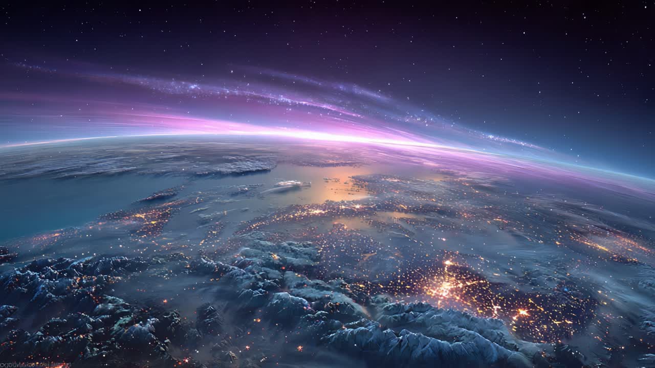 Stunning View of Earth's Horizon at Night: A Captivating Glimpse into the Lighted Landmasses and Starry Sky Over a Vast Oceanic Landscape
