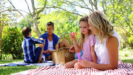 mother and daughter blowing bubble with bubble wand at picnic in park 4k