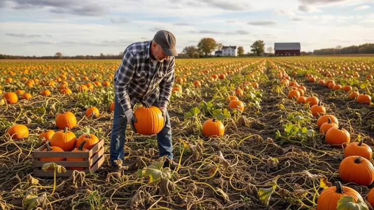 Un Granjero Dedicado Cosechando Calabazas en Campos Exuberantes Durante un Atardecer Dorado, Mostrando la Belleza del Otoño y la Alegría de la Vida en la Granja