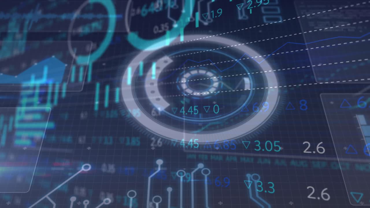 animación de una interfaz brillante con gráficos y estadísticas que se mueven sobre un fondo oscuro