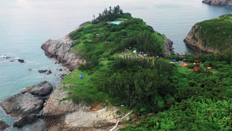 Camping-area-at-tip-of-Tung-Lung-Island,-Hong-Kong,-aerial