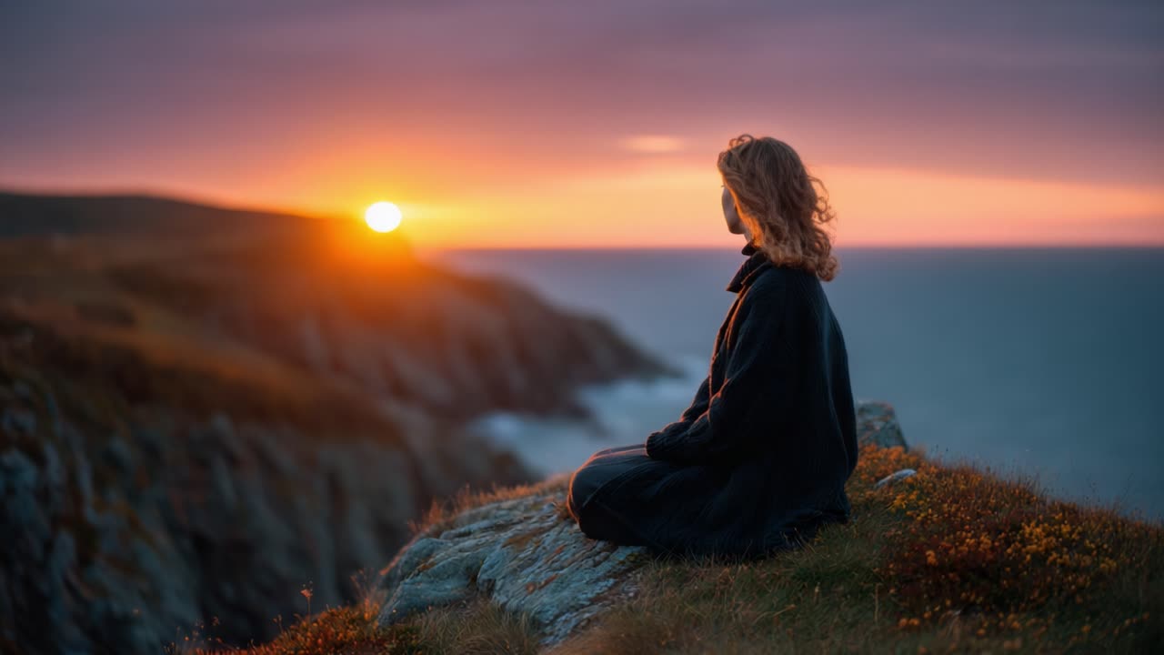 Contemplative Serenity: A Woman Meditates on a Rocky Coastline as the Sun Sets Over the Ocean, Embracing Nature's Peace and Reflecting on Life's Journey