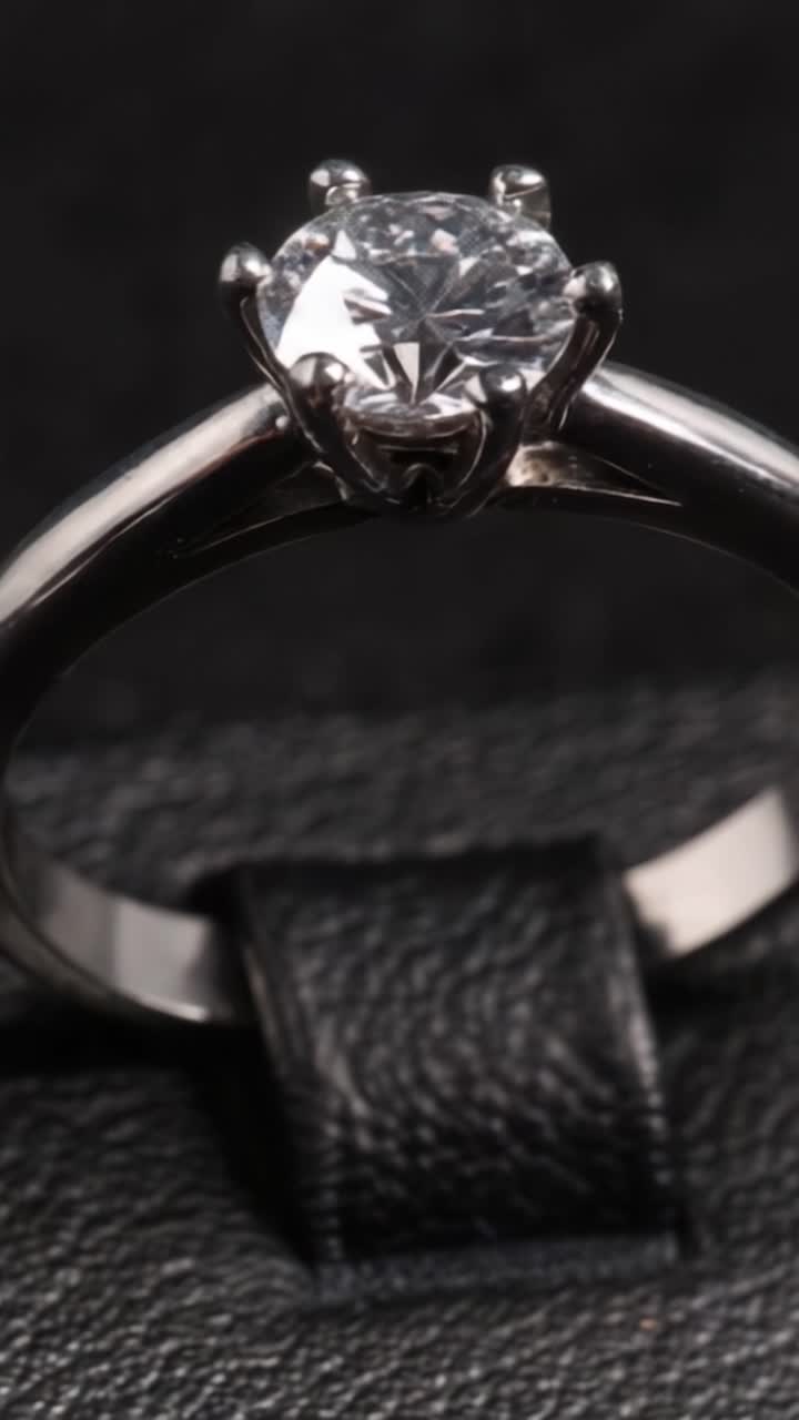 Elegante anello di fidanzamento con diamante, che mette in risalto una radiosa pietra a taglio rotondo con incastonature elaborate, su uno sfondo di lussuosa pelle nera.