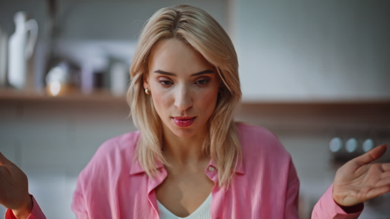 Remote worker using laptop in modern apartment closeup. Serious lady talking