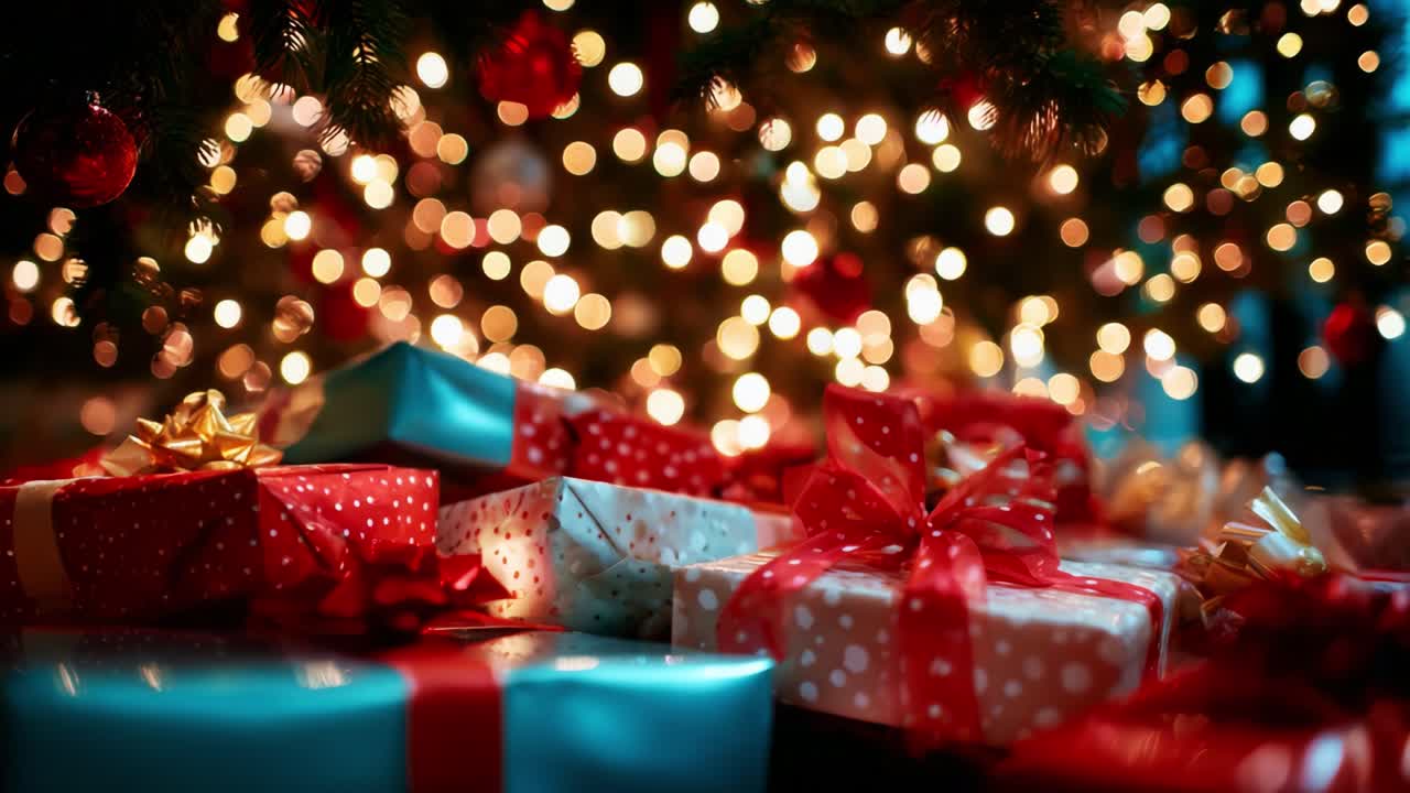 A Festive Display Under the Christmas Tree Featuring Colorful Gifts Wrapped in Bright Paper with Bows, Shimmering Ornaments, and Beautiful Holiday Lights Creating a Magical Atmosphere