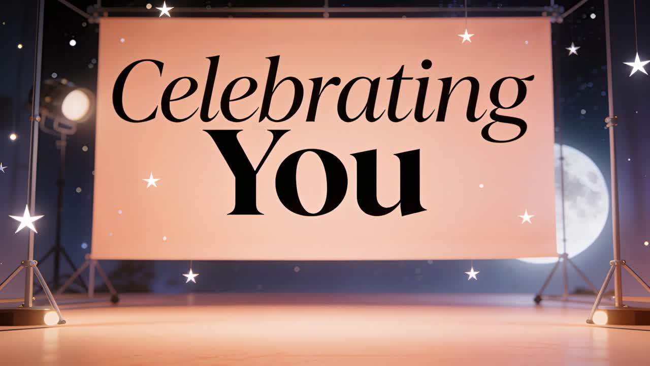 Opening sequence showing peach banner reading Celebrating You from overhead rig, stars twinkling