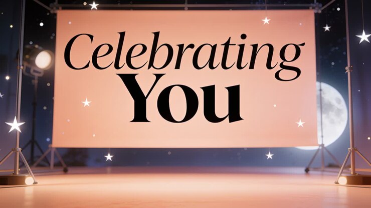 Openingssequentie toont een perzikbanner met 'Celebrating You' vanuit een bovenkraan, sterren fonkelen