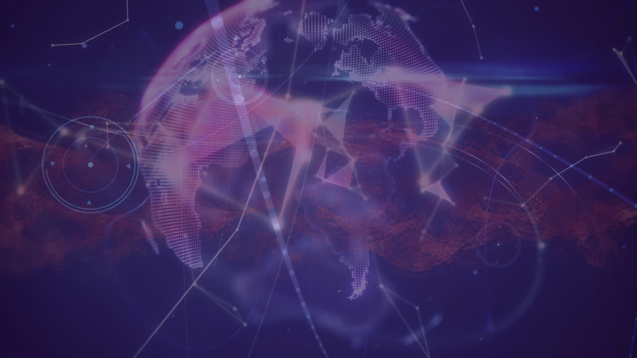 Animation of network of connections and data processing with globe over dark background