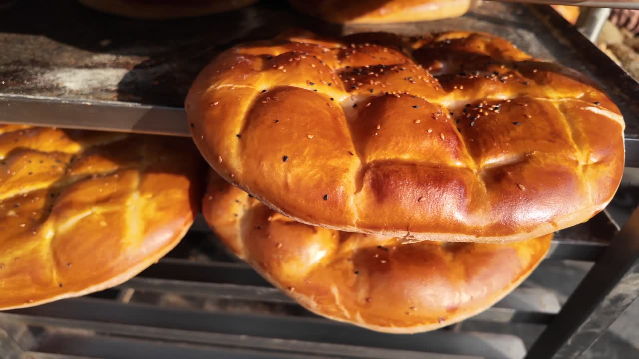 Freshly Baked Golden Pide Bread on Bakery Shelves