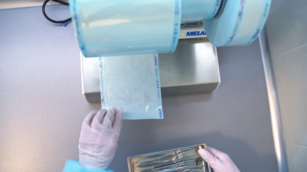 Hands in gloves take a little metal tray with instruments for dental care examination. Nurse puts the tools into a plastic cover for sterilization.
