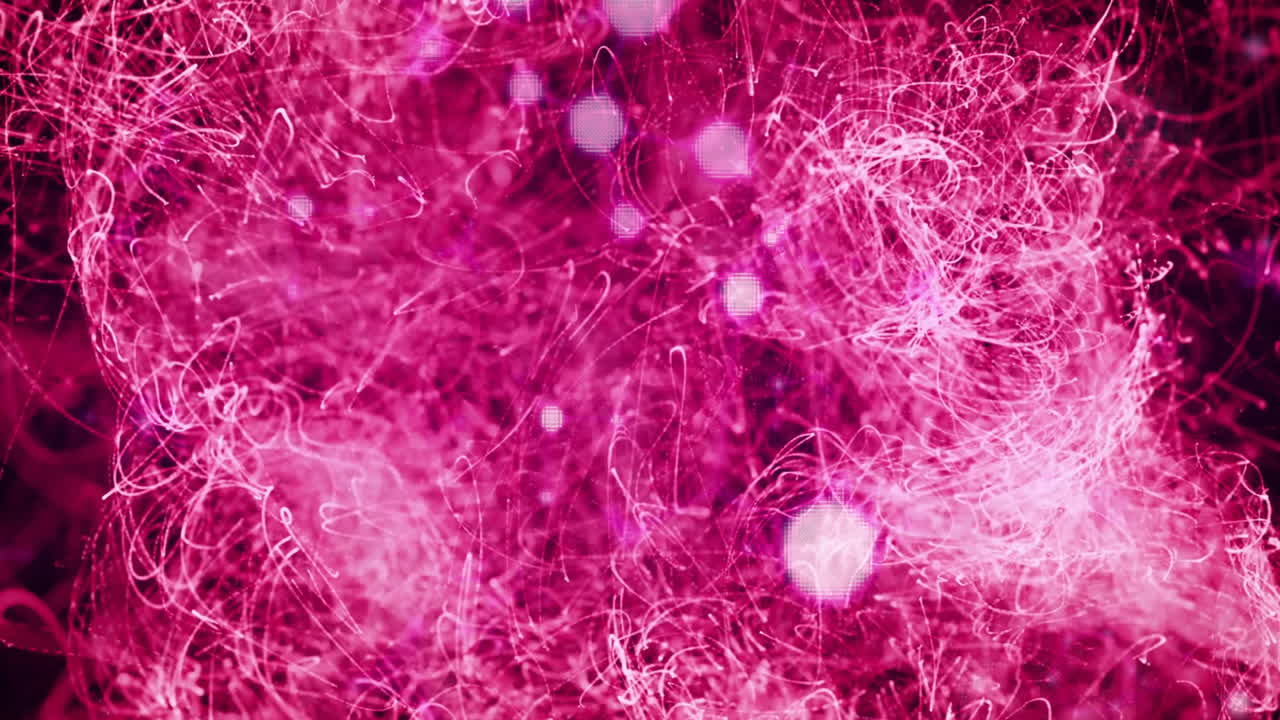 Swirling neon pink light trails dancing in 3D render, glowing hexagonal orbs floating