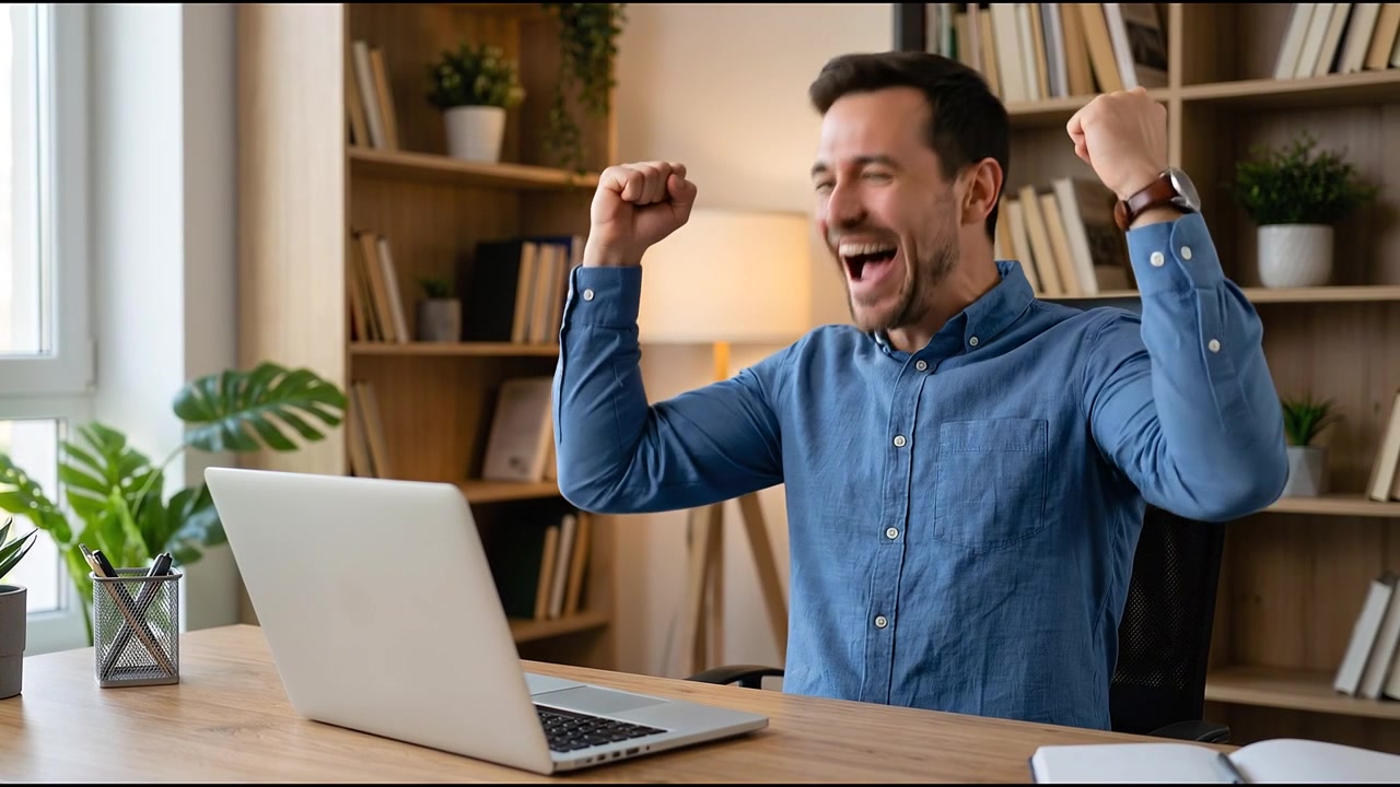 Empresario emocionado celebrando el éxito mientras usa su portátil en un elegante y moderno espacio de oficina