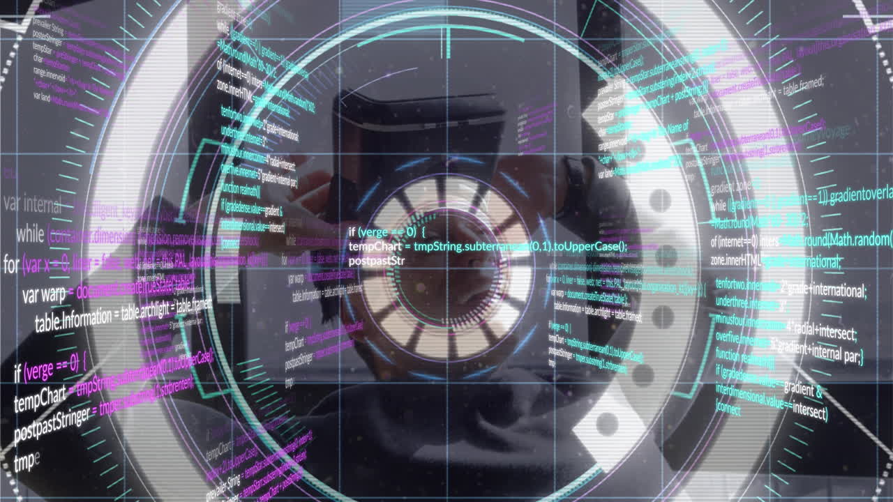 animación de procesamiento de datos y escaneo de alcance sobre hombre caucásico con auricular vr