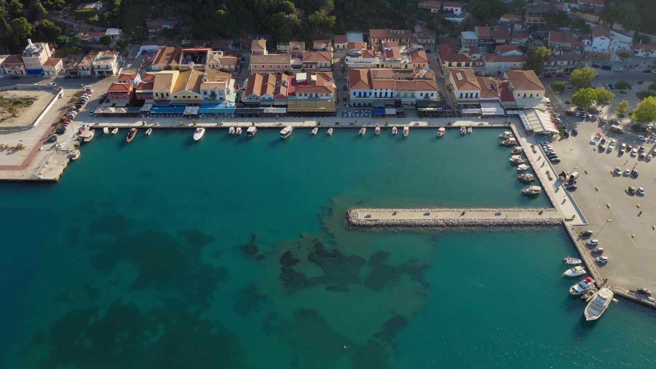 Aerial view of Katakolo promenade and market by Ionian Sea, Greece, cultural tourism