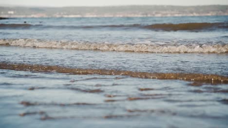 Schwarzer-Labrador-Läuft-Durch-Seichtes-Wasser-Am-Strand,-Zeitlupe