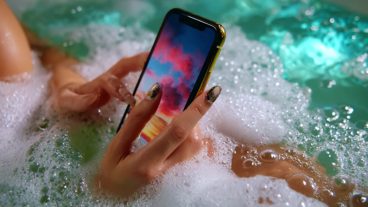 Relax in una vasca idromassaggio con uno smartphone: primo piano di mani che si godono la calma di un bagno rilassante e immortalano momenti sereni con la tecnologia