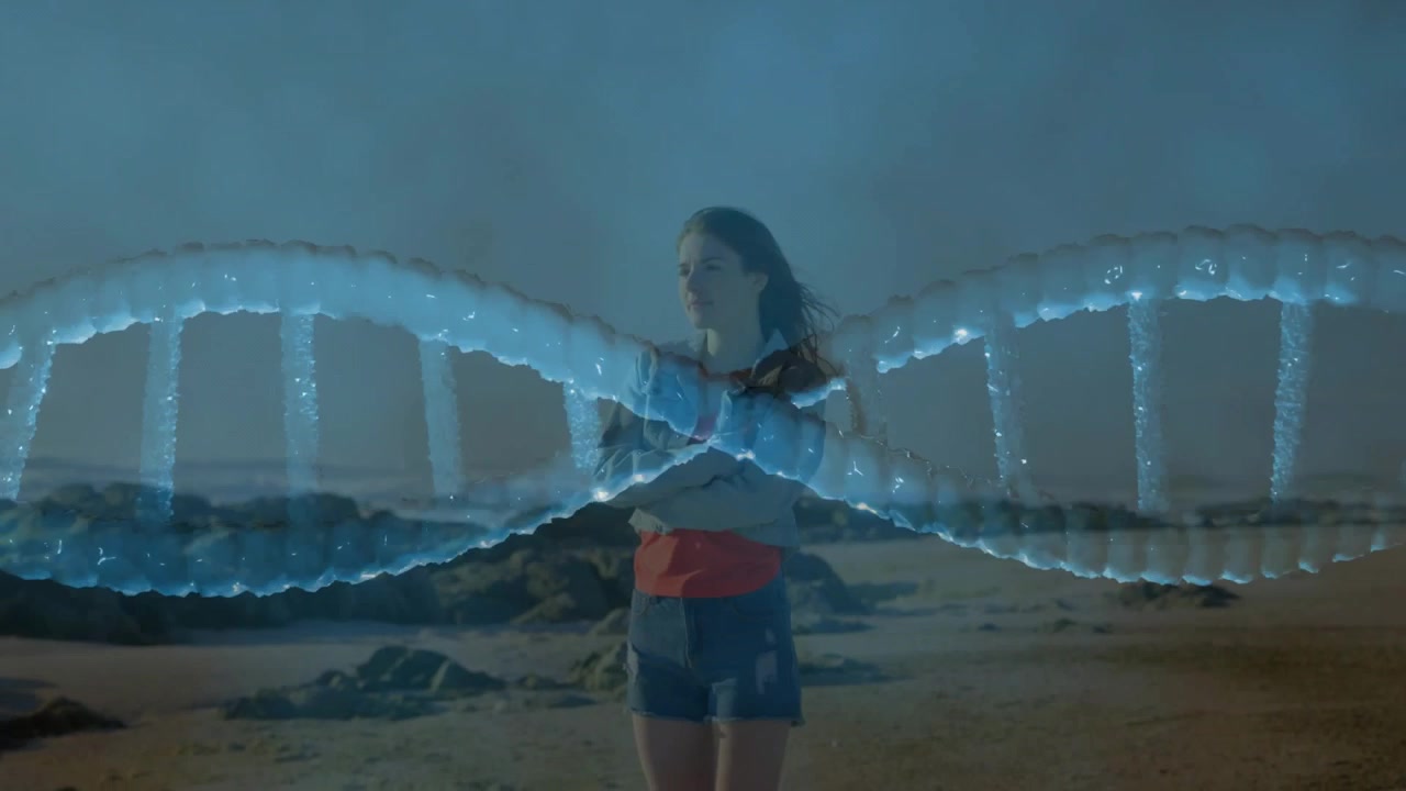 Woman on shore being prompted shifting, glancing while DNA helix sweeping across torso for biotech