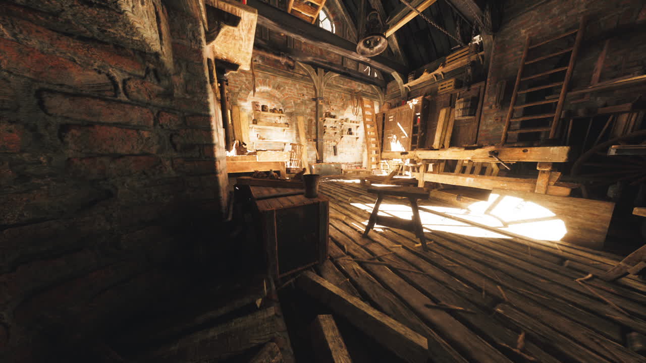 Old workshop interior with sunlight filtering through dusty windows