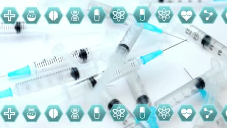 multiple medical icons in seamless pattern over multiple syringes falling against white background