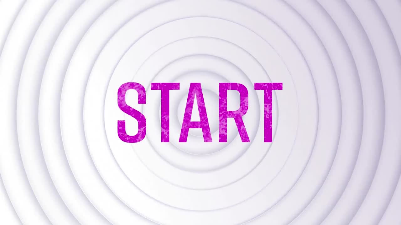 Animation of start text in purple letters over white pulsating circles