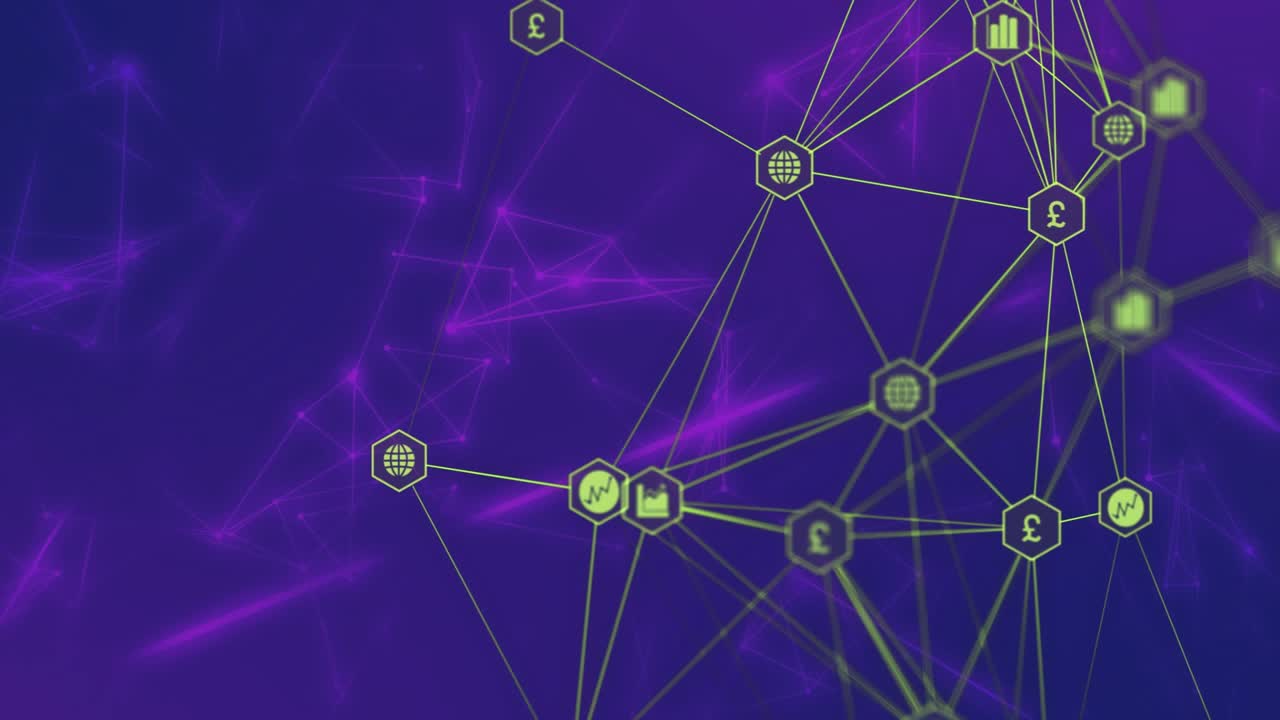Neongrønne sekskantede netværksikoner, der forbindes på en lilla gradient, der viser dataflow i fladt design