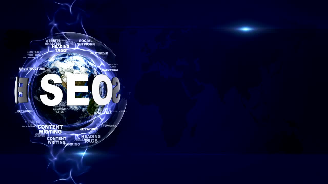 Animazione di testo SEO e Terra, con parole chiave, rendering, sfondo, loop