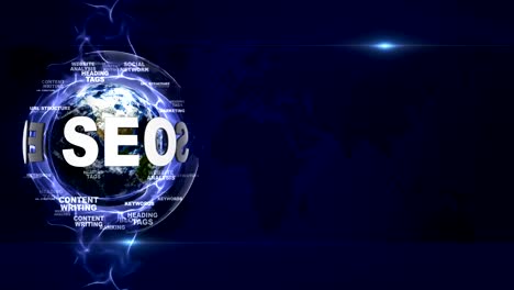 seo tekst animatie en aarde, met sleutelwoorden, rendering, achtergrond, lus