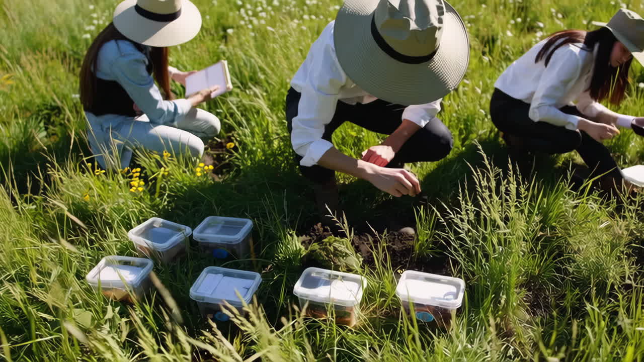 Scientists Conducting Field Research in a Grassland