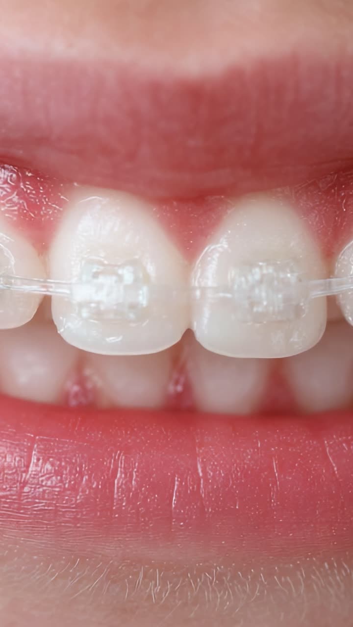 A Detailed View of Orthodontic Braces Transitioning to the Final Stage of Treatment with Smooth, Healthy Lips in Focus