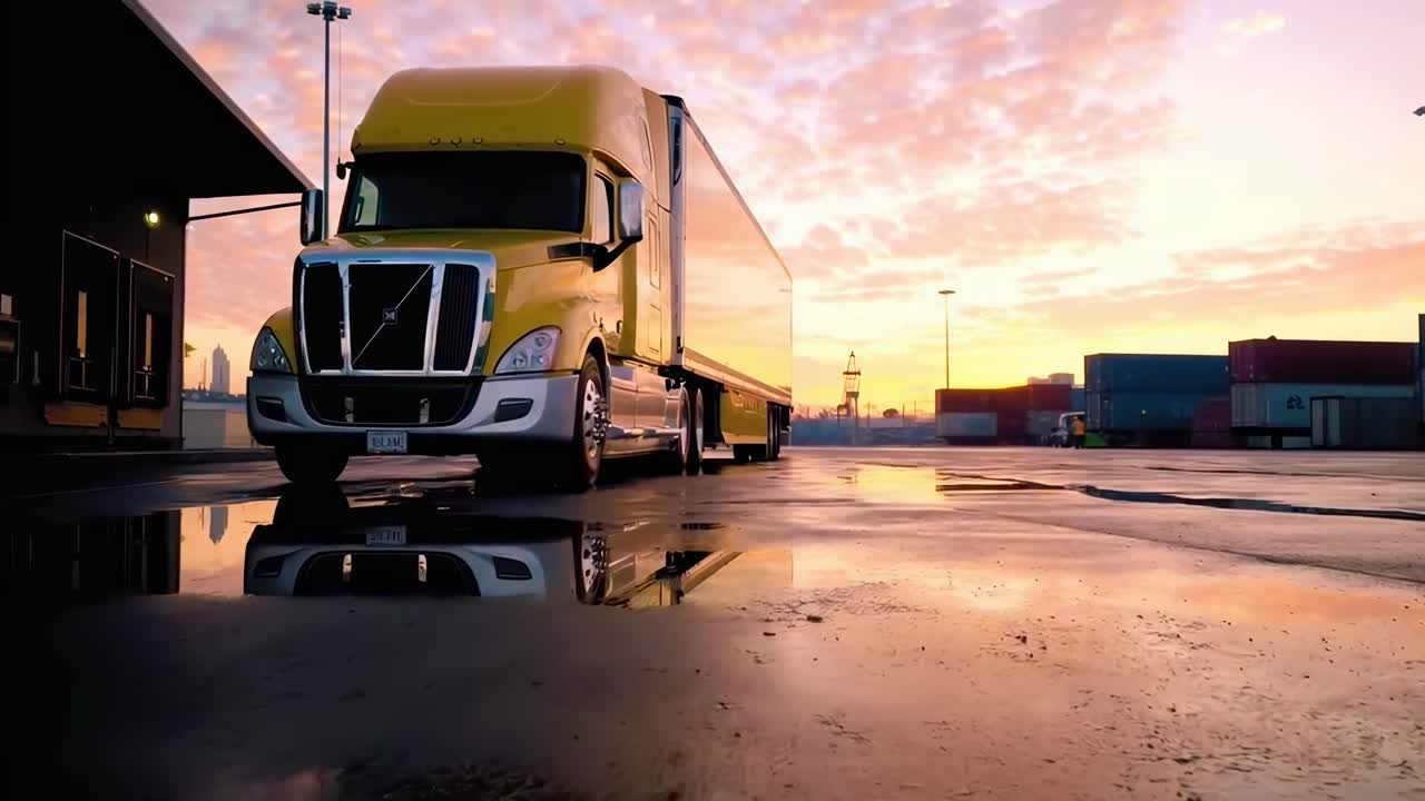 Low-angle video of a yellow truck at sunrise, reflecting on wet pavement in an industrial area