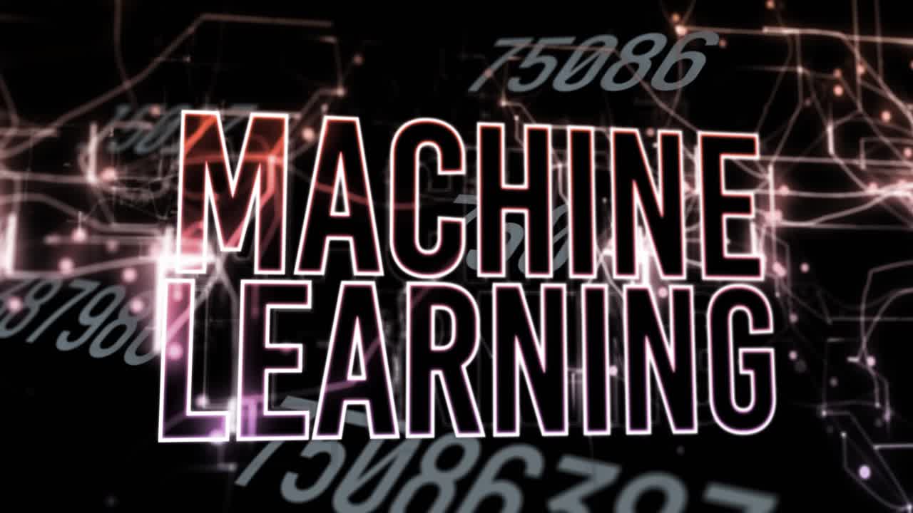At start digits drifting, nodes weaving and MACHINE LEARNING text pulsing, showing data links