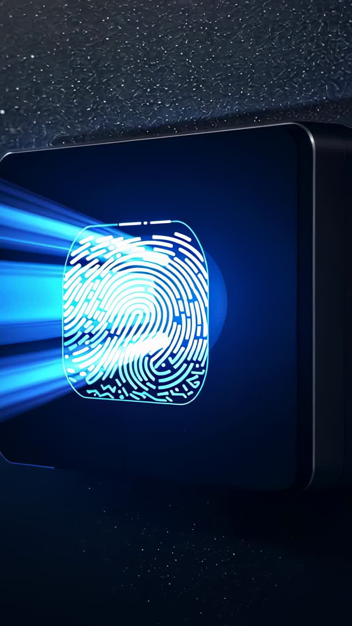 Vertical video: Scanning black module on dark backdrop with left beams revealing fingerprint glyph