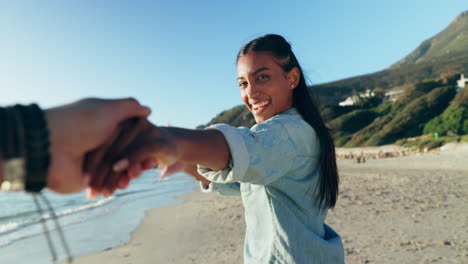 Beach,-couple-or-holding-hands-for-excited-woman