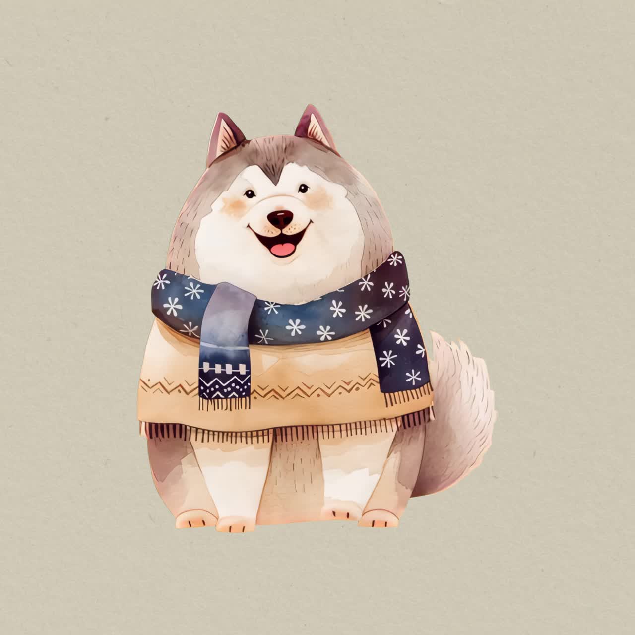Cute husky wearing cozy sweater animation isolated asset, transparent 4K video, alpha channel