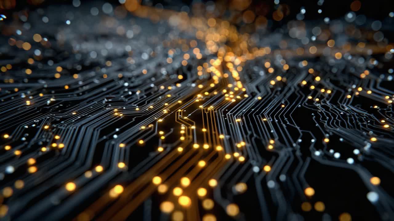 Ett intrikat nätverk av upplyst kretskort: Fångar det dynamiska flödet av ljus och energi genom en komplex elektronisk bana.