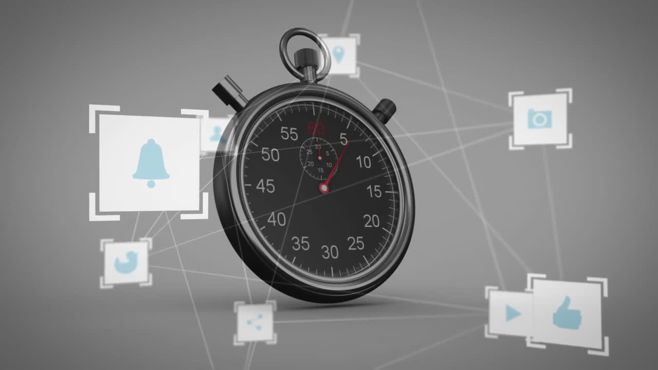 Animation of network of connections with icons over timer on white background
