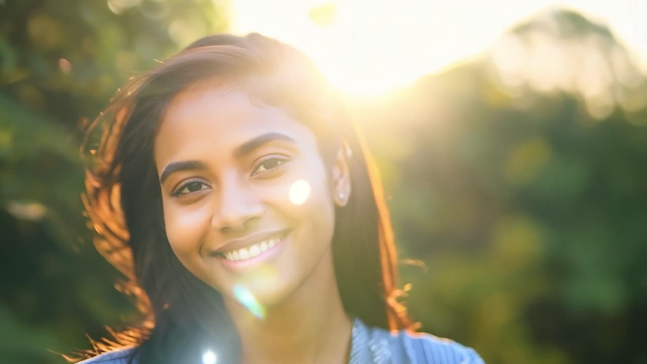 Smiling woman with sun shining through her hair