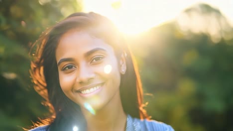 smiling woman with sun shining through her hair