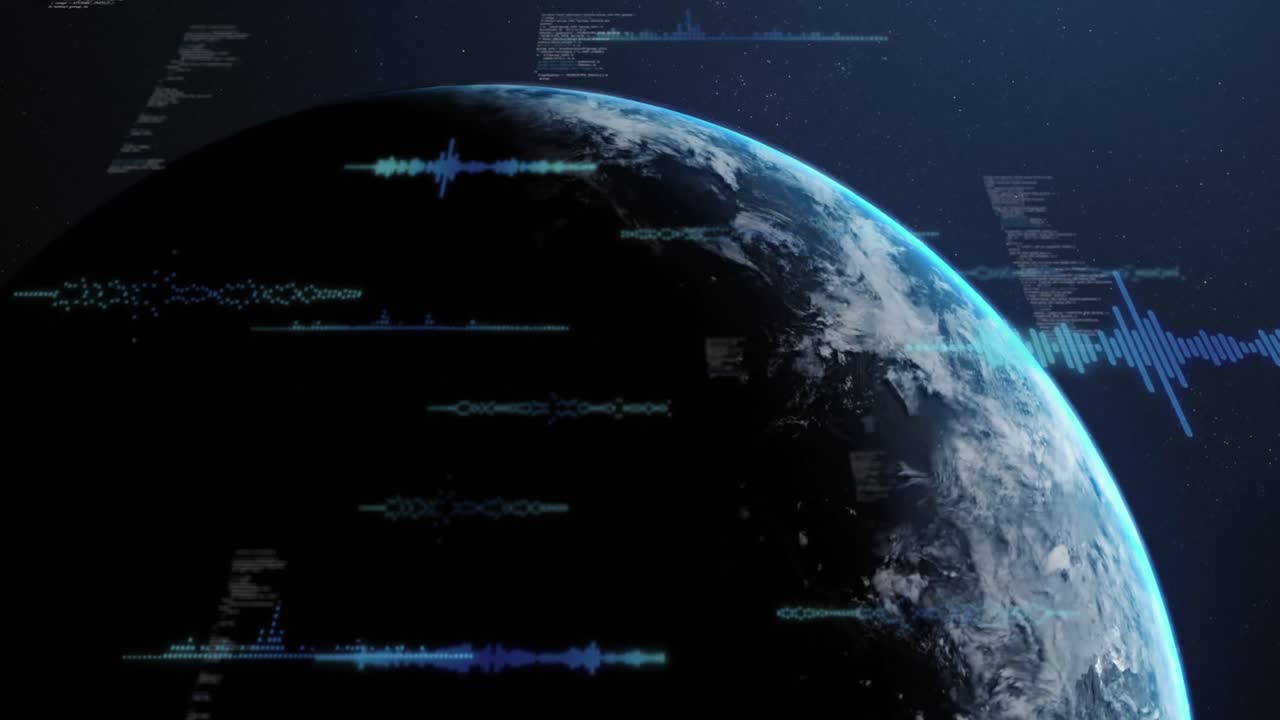 Animation of computer language and soundwaves over globe against abstract background