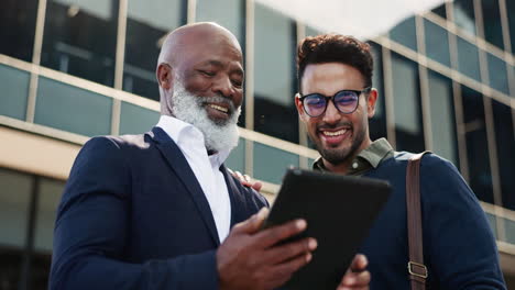 tablet, discussion and business men in the city