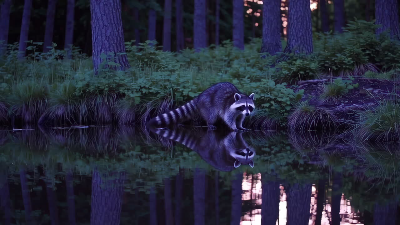 Raccoon by the Pond at Dusk