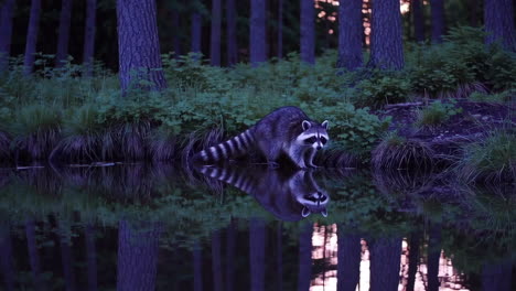 raccoon by the pond at dusk