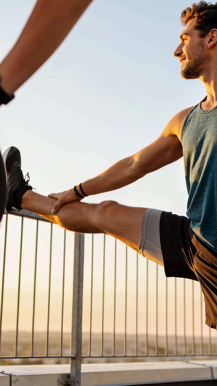Vertical video: Placing foot, man stretching hamstring on rooftop railing, in blue top, warming up