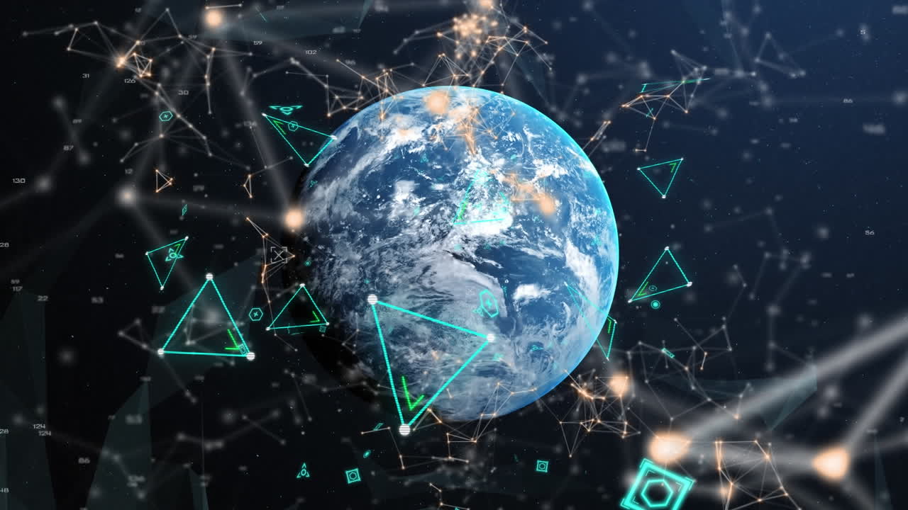 animación de formas abstractas flotando sobre el globo sobre un fondo azul.