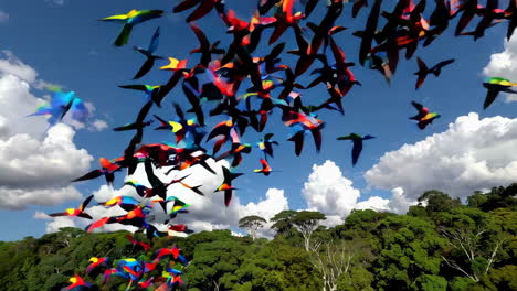 flock of colorful birds in flight over a rainforest