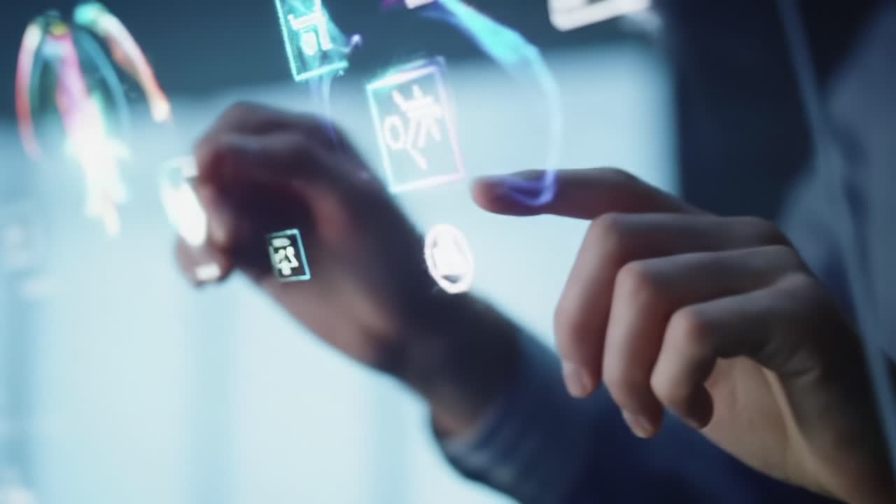 Exploring Interactive Technology: A Close-Up on Hands Engaging with Transparent Touchscreen Displays Featuring Colorful Digital Interfaces and Icons